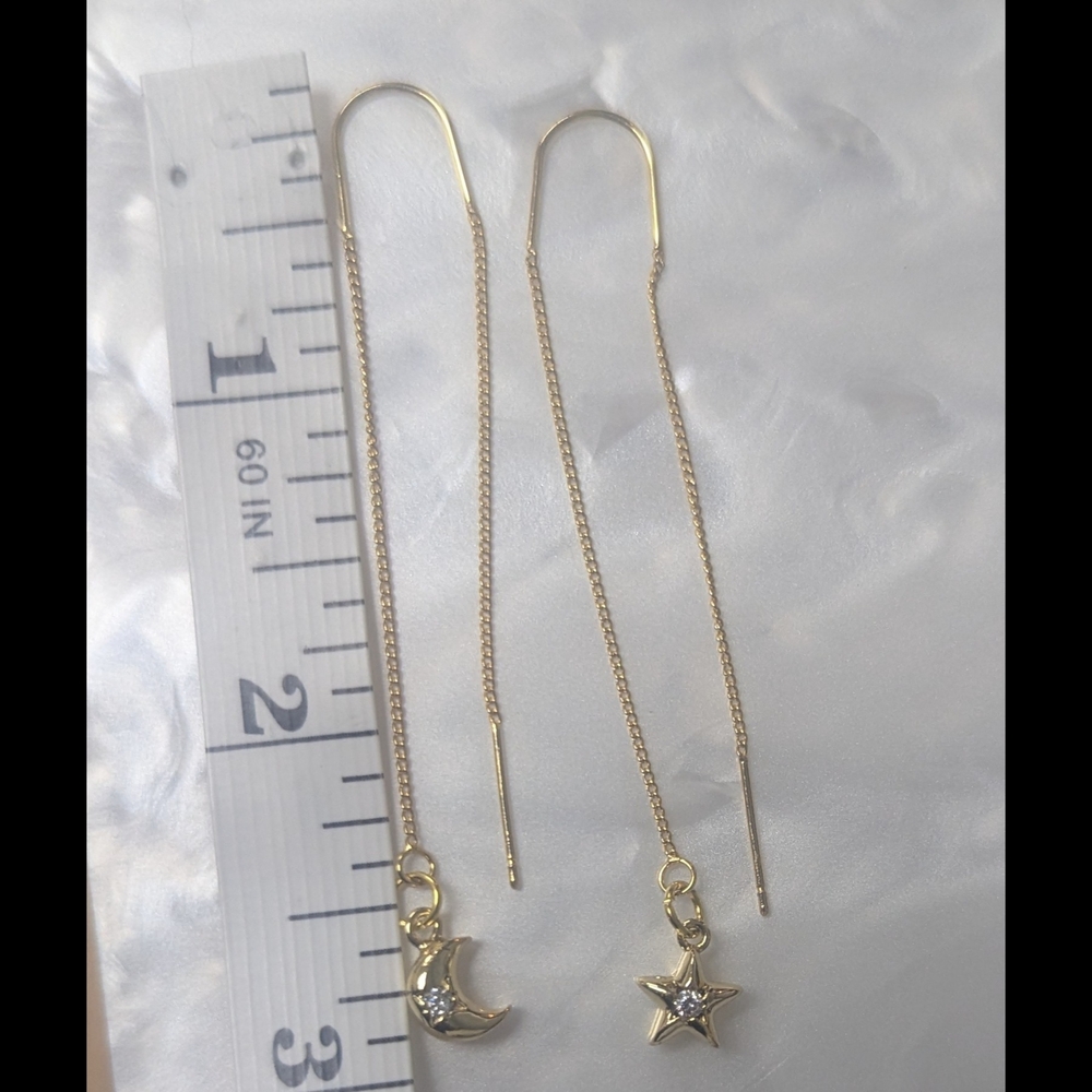 18k Gold Star and Moon Threader Earrings  Gold Plated Celestial Earrings - Picture 3 of 4